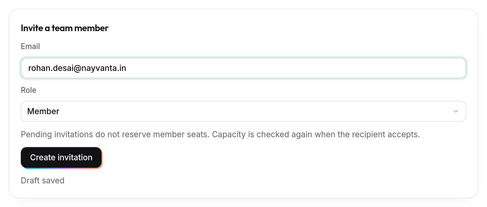 Invite a team member, with an email address, the Member role chosen and the Create invitation button