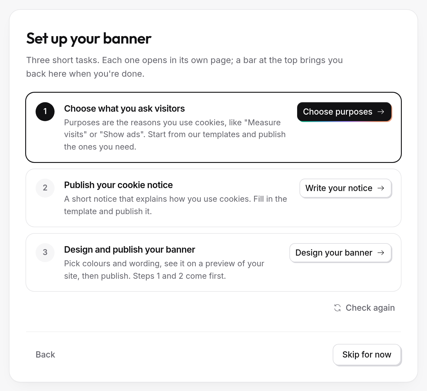 The Set up your banner step, with its three tasks and the Skip for now button