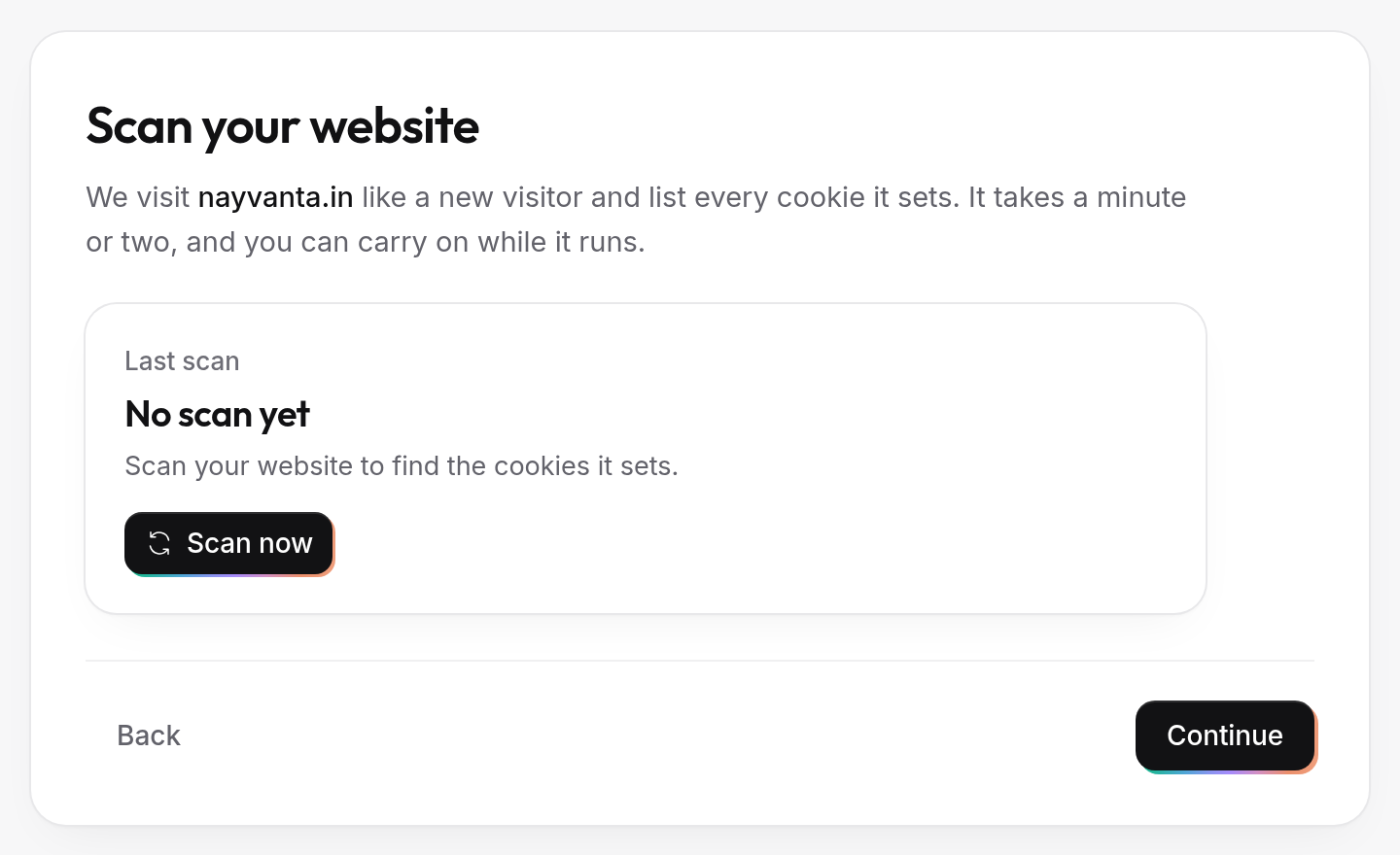 The Scan your website step before the first scan, with the Scan now and Continue buttons