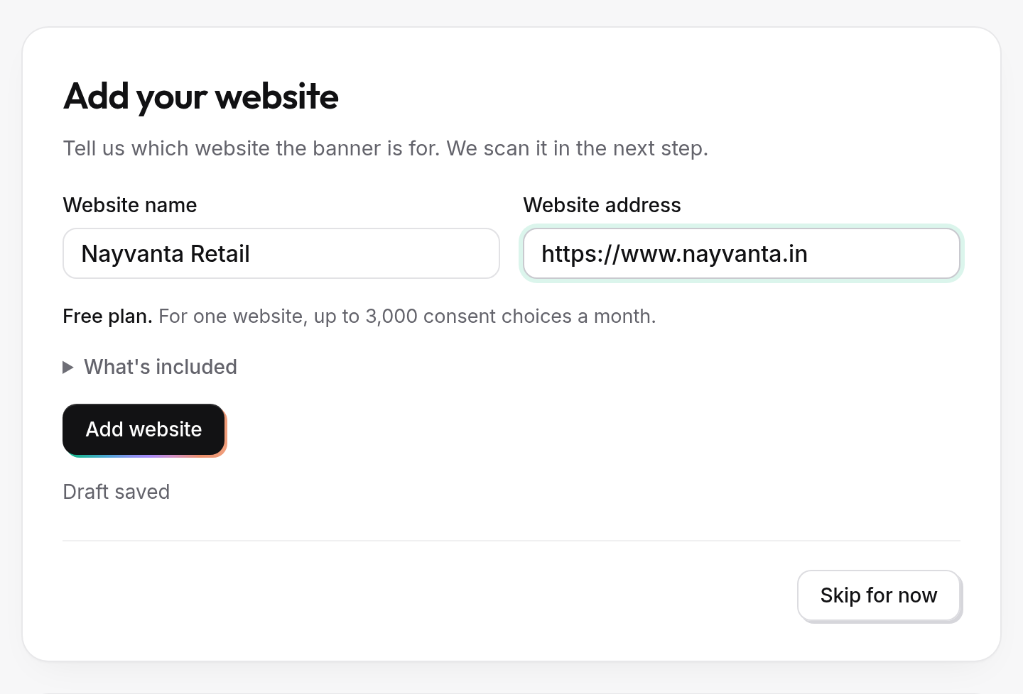 The Add your website step, with the website name, the website address, the plan and the Add website button