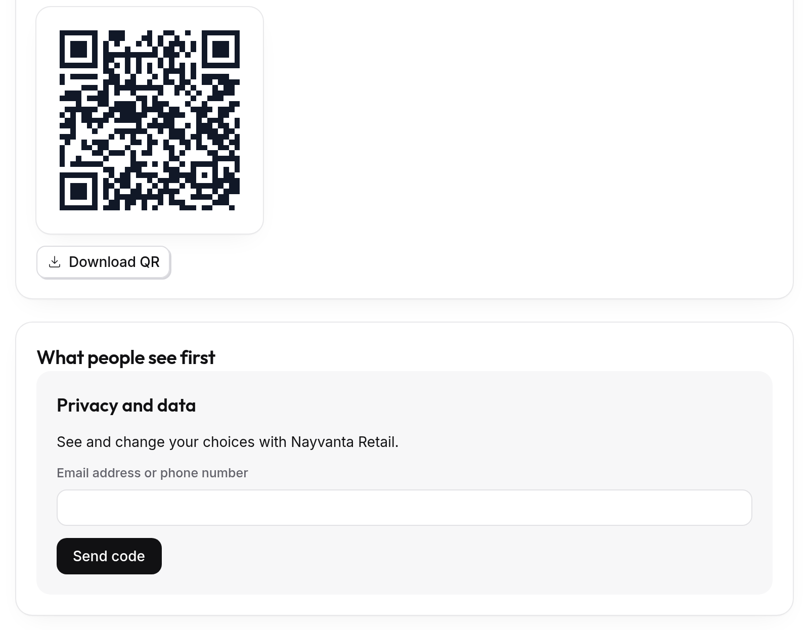 The Preference Centre QR code with its Download QR button, and what people see first