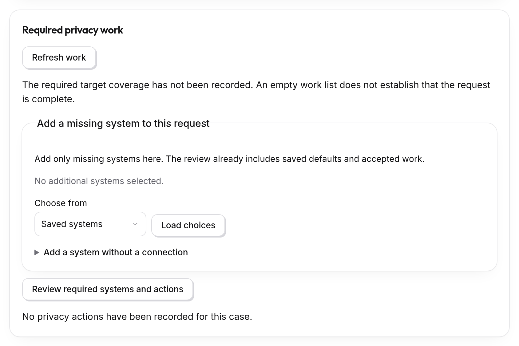 Required privacy work on a request, with Add a missing system to this request and the Review required systems and actions button