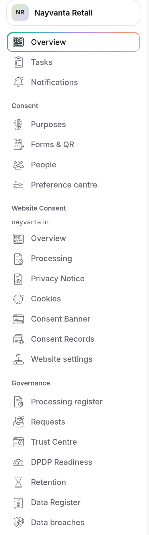 The ComplyZero sidebar, with Overview, Tasks and Notifications, then the Consent Hub, Website Consent and Governance sections